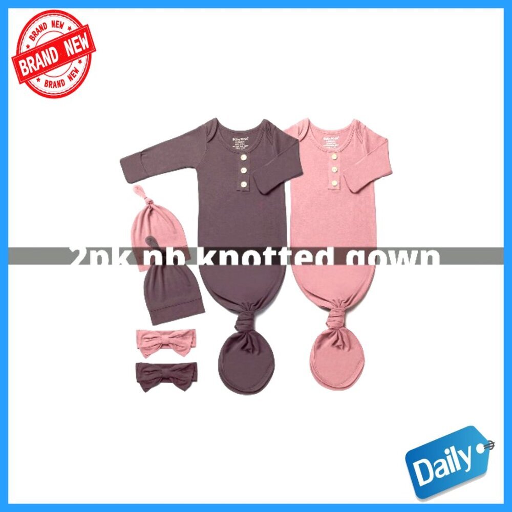 Newborn Knotted Sleep Gown Set with Hat Bow Clip Bib 0-3M - Picture 7 of 7